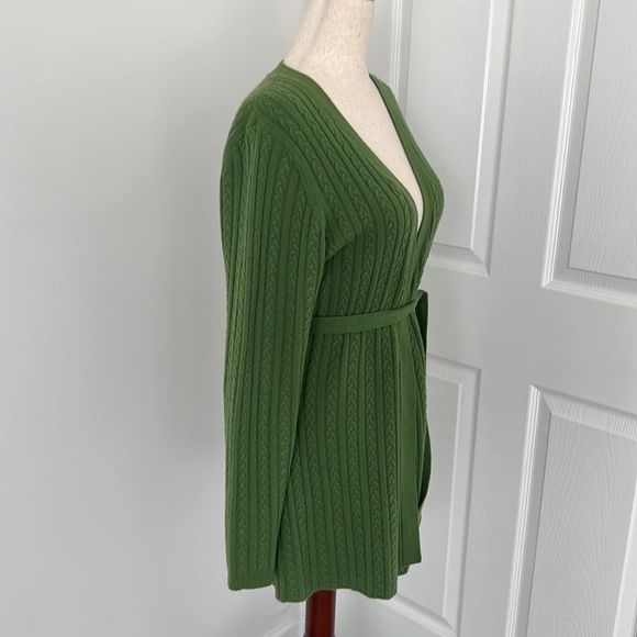 Gene Meyer 100% cashmere cardigan with belt green grass sz  large - Picture 6 of 10